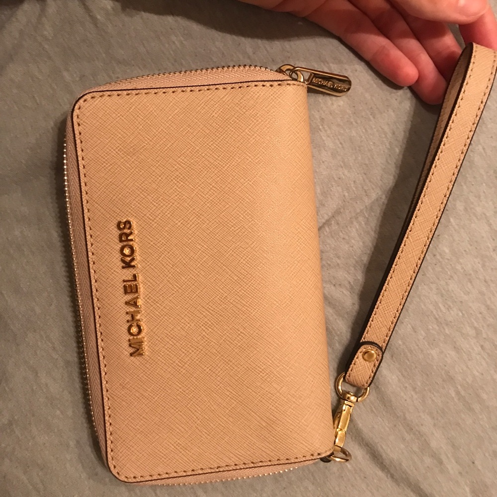 Michael Kors Tan Saffiano Leather Wristlet Clutch with Gold Hardware